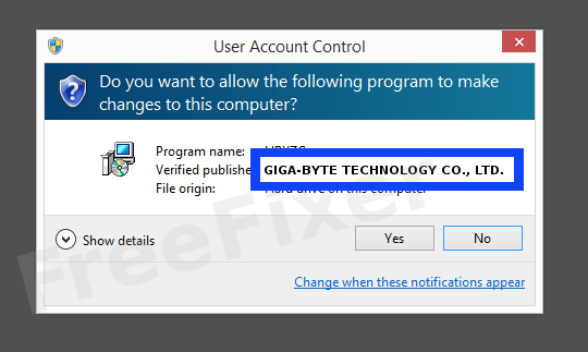 Screenshot where GIGA-BYTE TECHNOLOGY CO., LTD. appears as the verified publisher in the UAC dialog